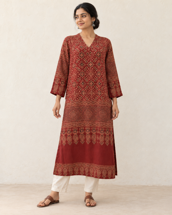 Tāmrā hand-block-printed cotton kurta, full-length standing view. Trousers and accessories are not included.
